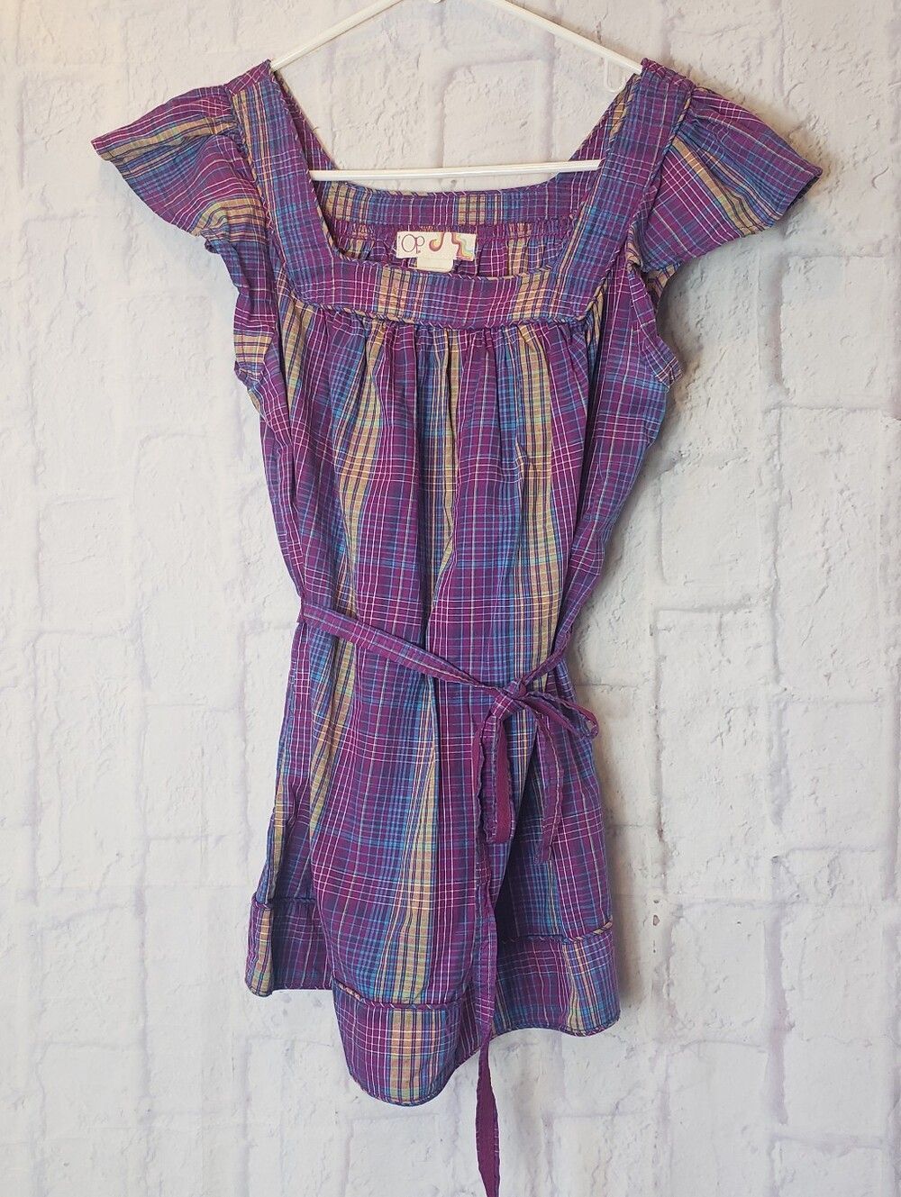 OP OCEAN PACIFIC Y2K Plaid Flutter Sleeve Top Junior's Medium